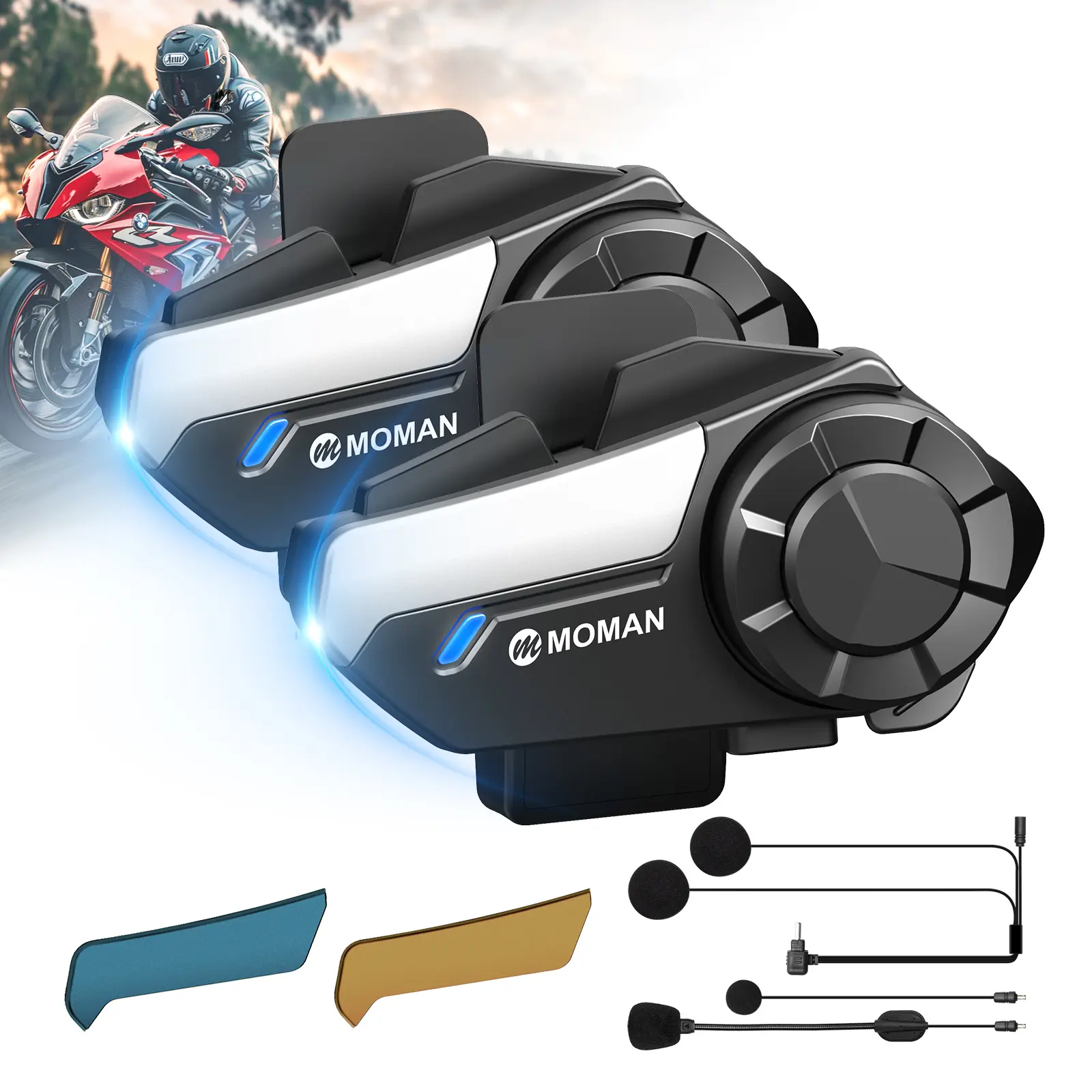 Moman H2S Motorcycle Helmet Intercom Communication System Up to 1000M with Triple Noise Cancellation Audio Multitasking Hi-Fi Stereo Music Sharing FM AI Voice