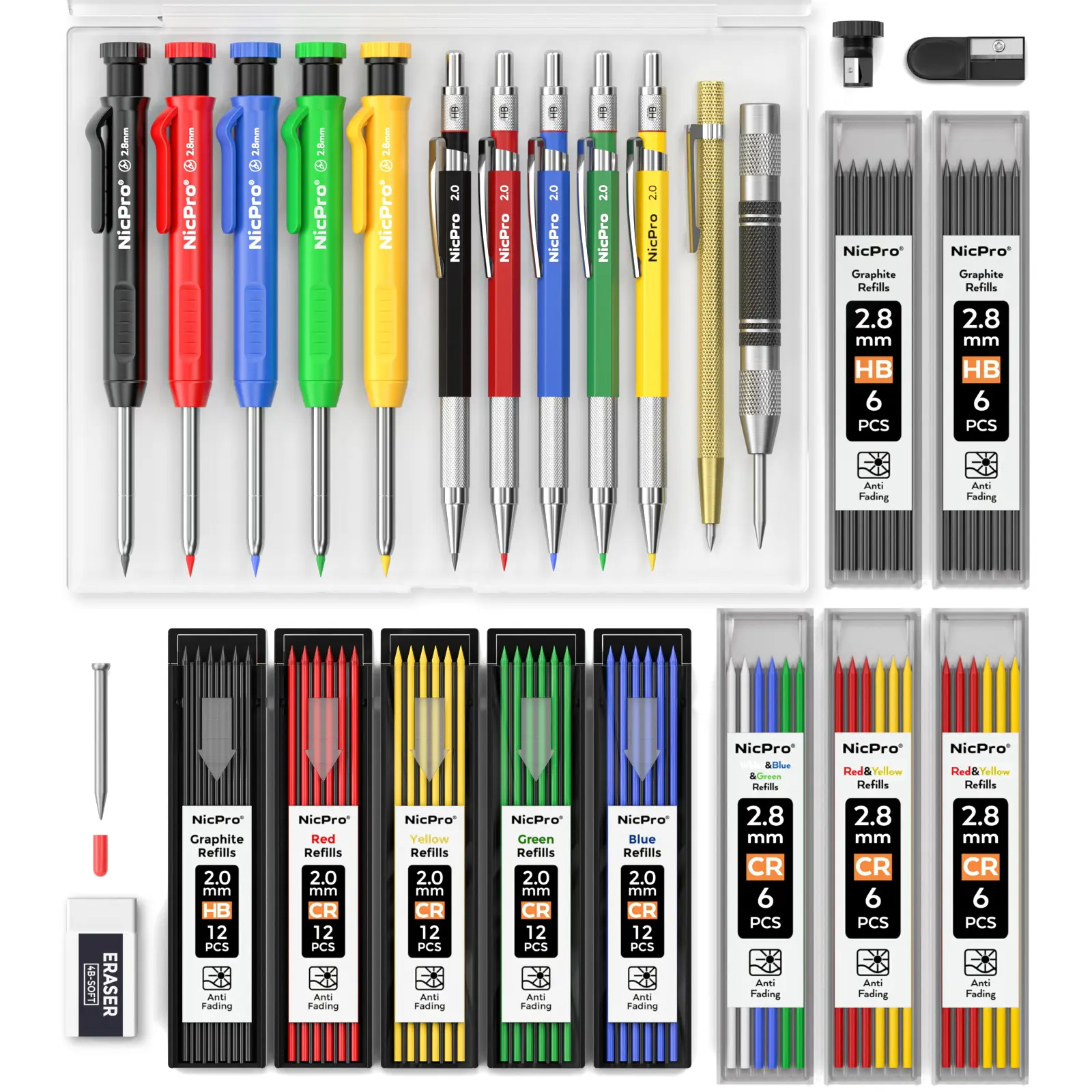 Nicpro 27 Pack Carpenter Pencils, with 100 Refill, Automatic Center Punch and Carbide Scribe Carpenter Tool, Construction Pencils for Woodworking, Carpenters Marking,back to school,back to school shopping
