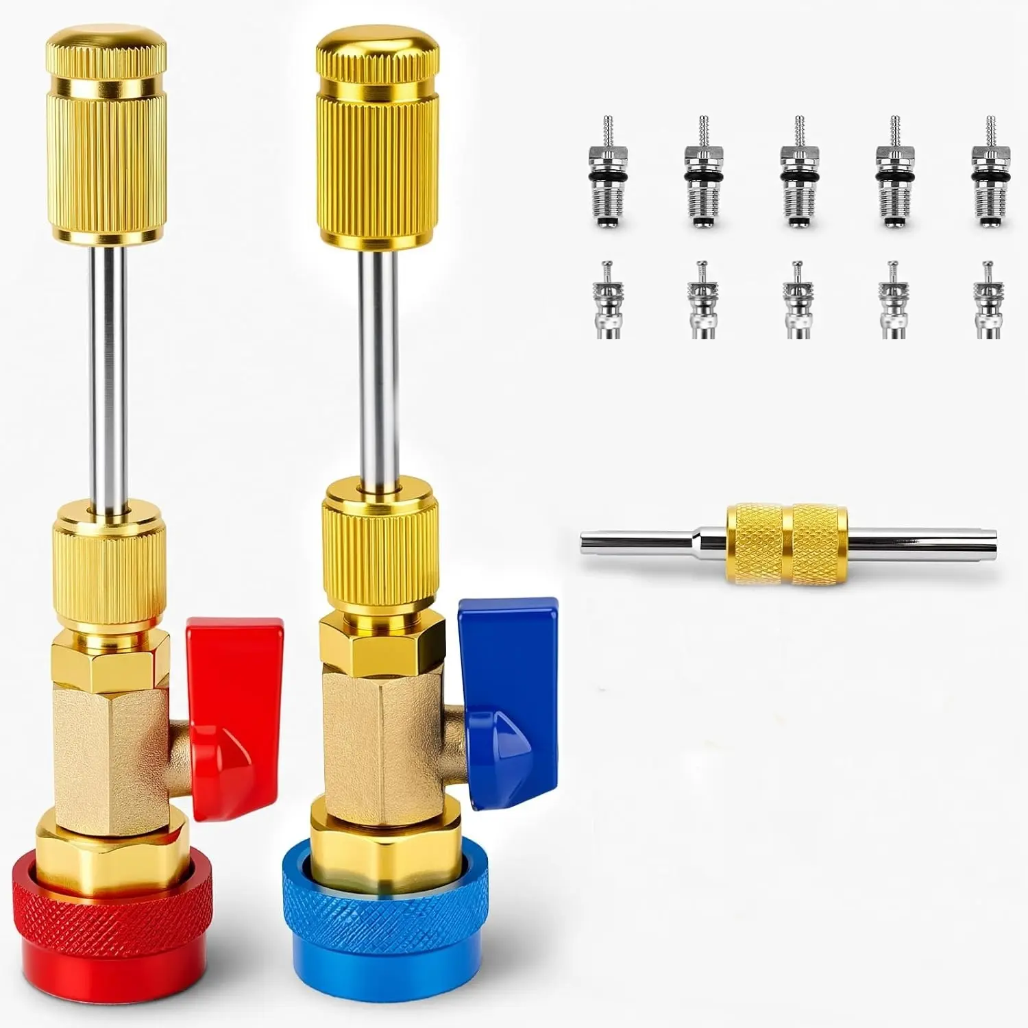 R134A A/C Valve Core Remover Installer Tool Kit, High(Red) & Low(Blue) Side Air Conditioning Valve Core Replacement Tool with 10 Valve Cores & Dual Head Wrench for Automotive AC Service