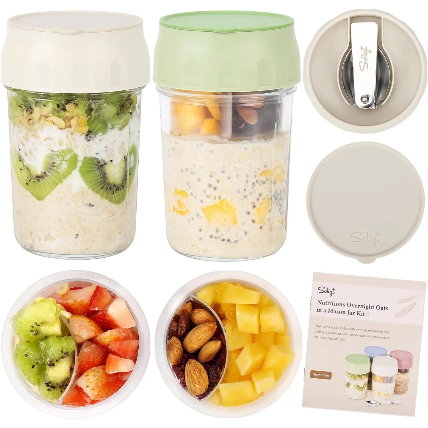 SOLIGT 2 Pack Overnight Oats Containers with Lids (White/Organic Green)