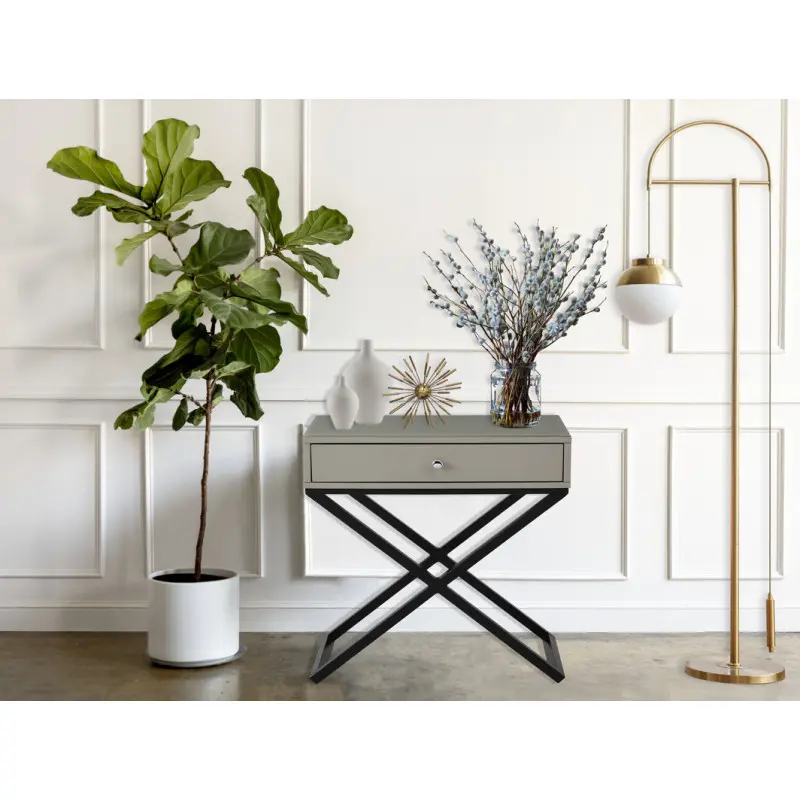 Koda 23" Taupe Wooden End Side Table Nightstand with Glass Top Drawer and Metal Cross Base
