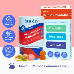 First Day Men’s Gut Guardian Tribiotic Gummies - 3-in-1 Prebiotic Probiotic Postbiotic Supplement - Supports Digestive Oral Health Immune Function Energy Levels - 30-Day Supply - Healthcare
