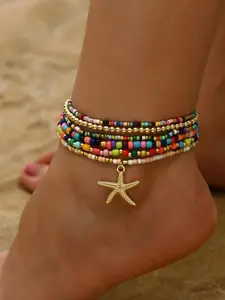 Summer Beach Bohemian Multi-Layer Seed Bead Anklet Set — Women's Stylish Starfish Pendant Anklet, Summer Beach-Style Leg Jewelry, Elastic Women's Anklet Beaded, Trendy Fashionable Accessories