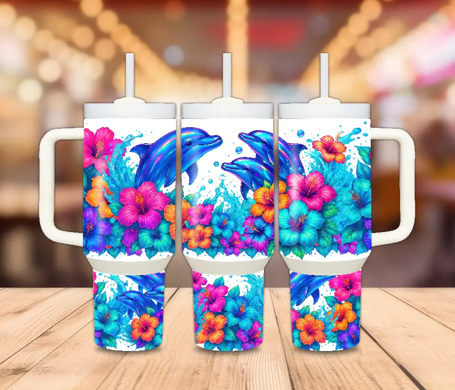 40 Oz. Dolphin Tropical Flowers Tumbler