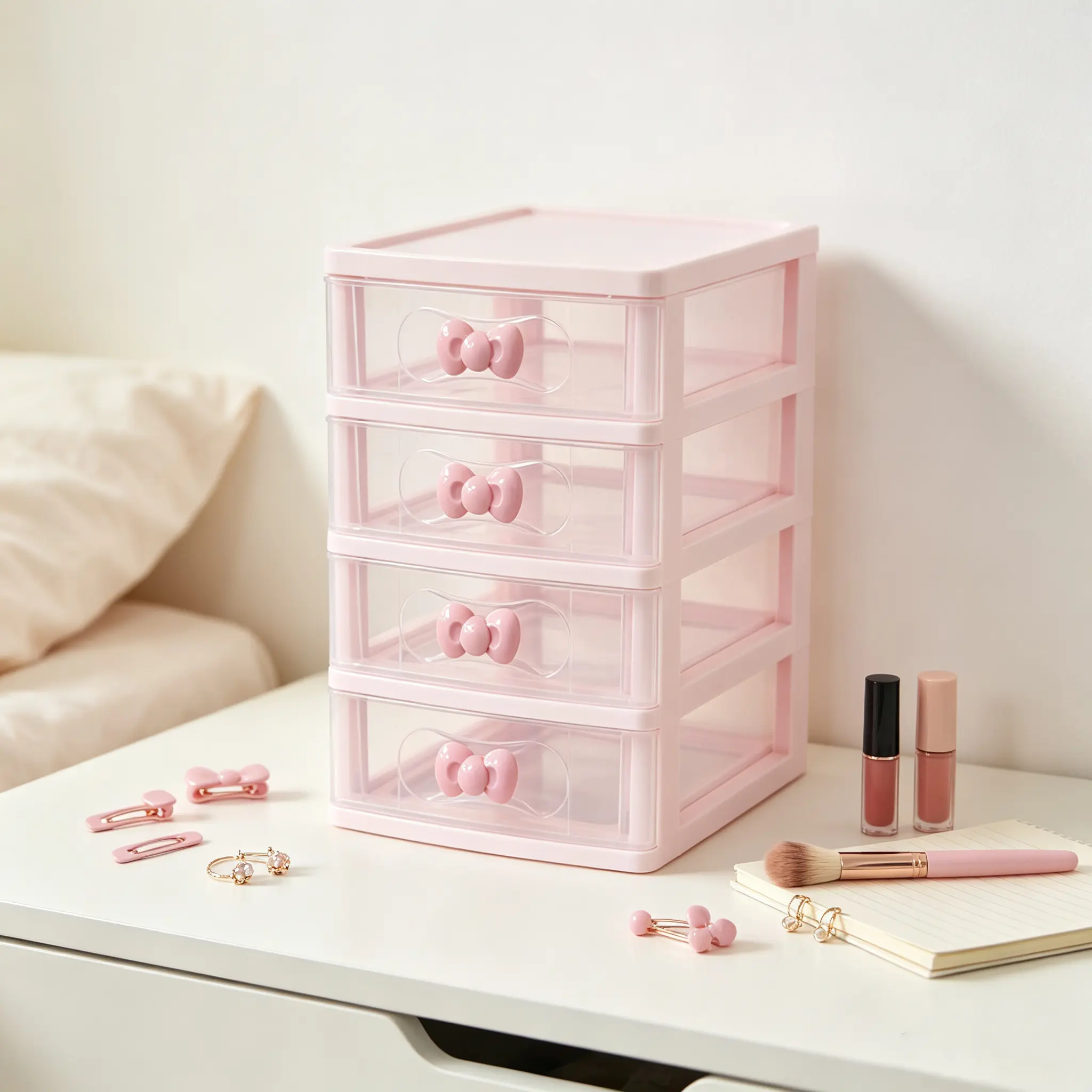 Pink Bow Handle Multi-Layer Transparent Plastic Makeup Organizer Box - Small Sleek Pull-Out Drawers Desktop Storage for Cosmetics, Girly Room Stuff with Cute Design & Beautiful Color, Ideal for Small Room Organization Products & Bathroom Use