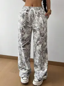 Vintage Street Style Camo Print Loose-Fitting Knit Pants, Comfortable Tie-Waist Drawstring Athletic Trousers for All Seasons, Casual Women's Fashion