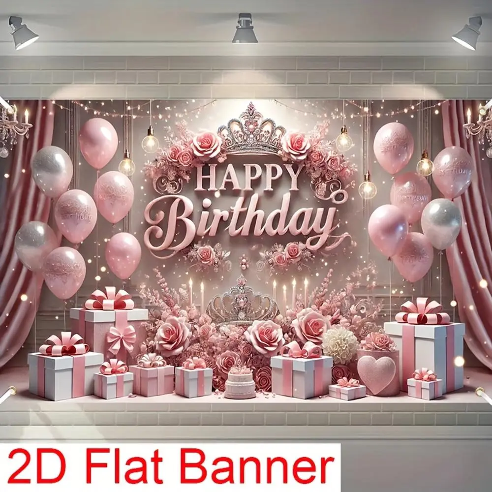 Women's 2D Flat Polyester Party Decorations Banners - Pink Happy Birthday Design with Crown & Roses, No Electricity Needed, cm Measurement