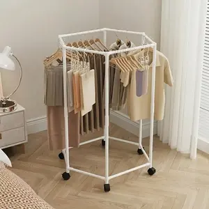 1-piece Freestanding Coat Rack, Hexagonal Multi-bar Design for Large Capacity, Comes With Casters for Easy Movement and Assembly, Suitable for Bedrooms, Balconies, and Bathrooms. Plastic Frame, Perfect for Women's Walk-in Closets and Dorm Rooms.