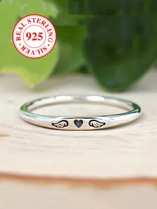S925 Sterling Silver Ring Engraved Ring Angel Wing Heart Engraving Rings for Women Stackable Engagement Ring Wedding Jewelry Gift（with box）