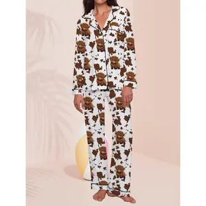Women’s autumn and winter sleepwear set featuring a cow-print button-up shirt and pants, two-piece sleepwear set with long sleeves for casual home wear GARMENTARY