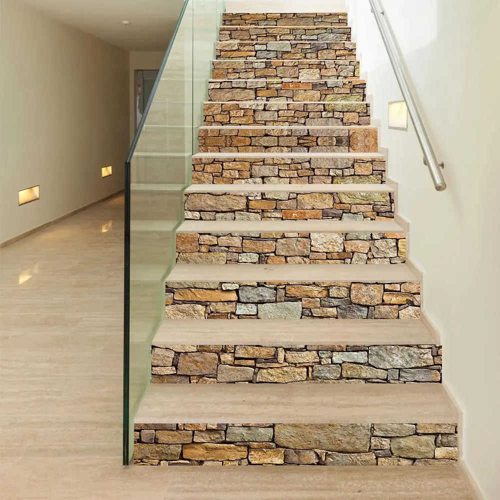 Stone Brick Pattern Stair Sticker, 6 Counts/13pcs Removable Self Adhesive Stair Sticker, Decorative Sticker for Home Kitchen Bathroom Wall, Home Decor, Tile Stickers