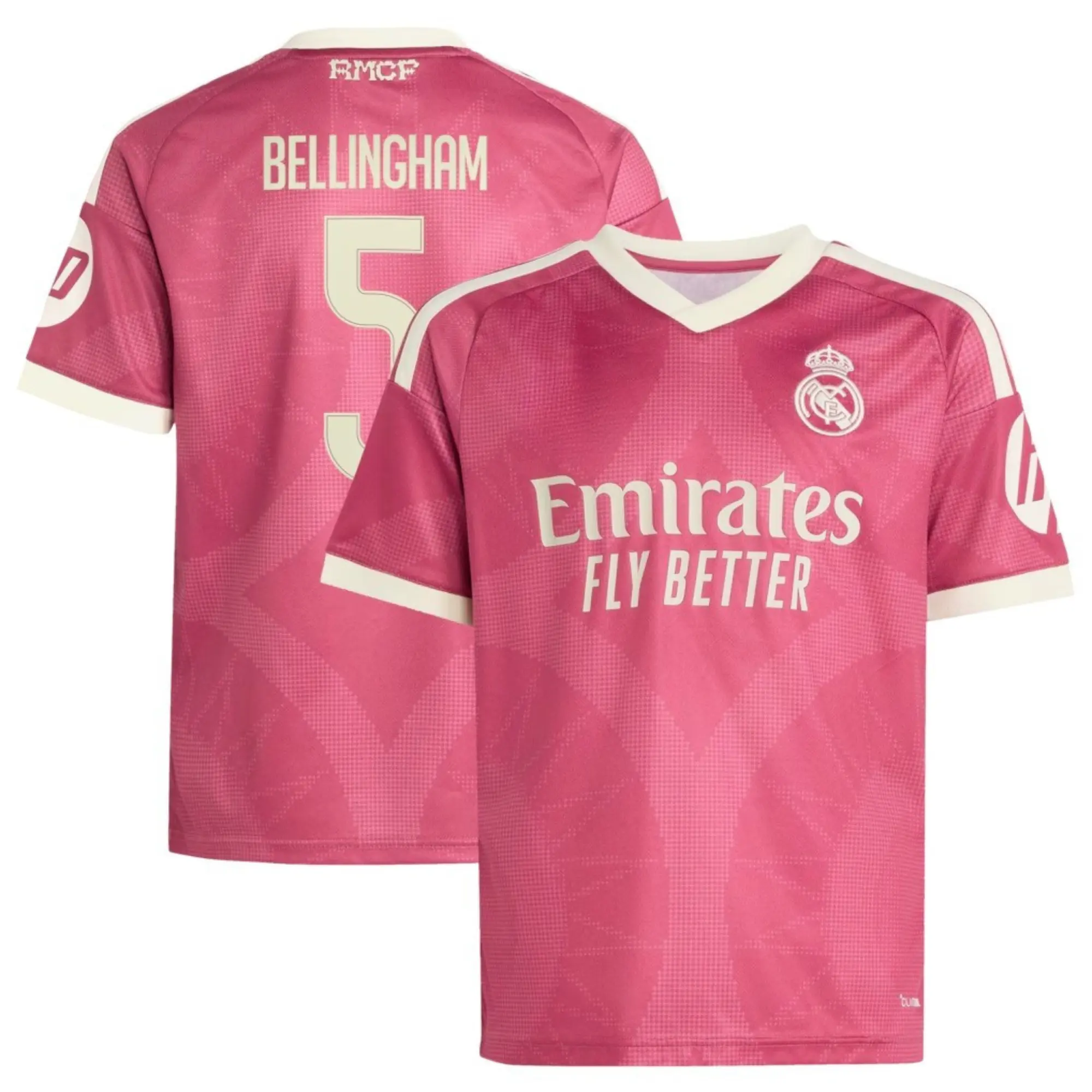 Madrid Pink No. 5 2026/2027 Soccer Jersey | Bellingham Name Print | Men’s Short Sleeve Football Shirt | Pink Match Day Fanwear