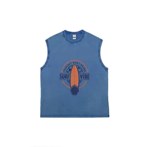 Surfboard Graphic Tank Top Washed Oversized Sleeveless Tee Streetwear Summer Beach Top for Menswear Tshirt Casual Round Neck