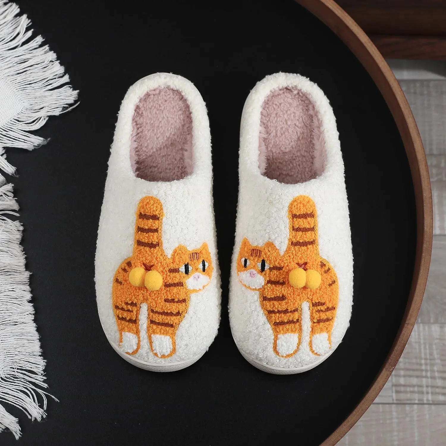 Women's Cute Orange Cat Slip-On Ankle Slippers - Soft Warm Fuzzy All-Seasons Flexible Indoor Shoes with Double Pom-Pom Bell Decor