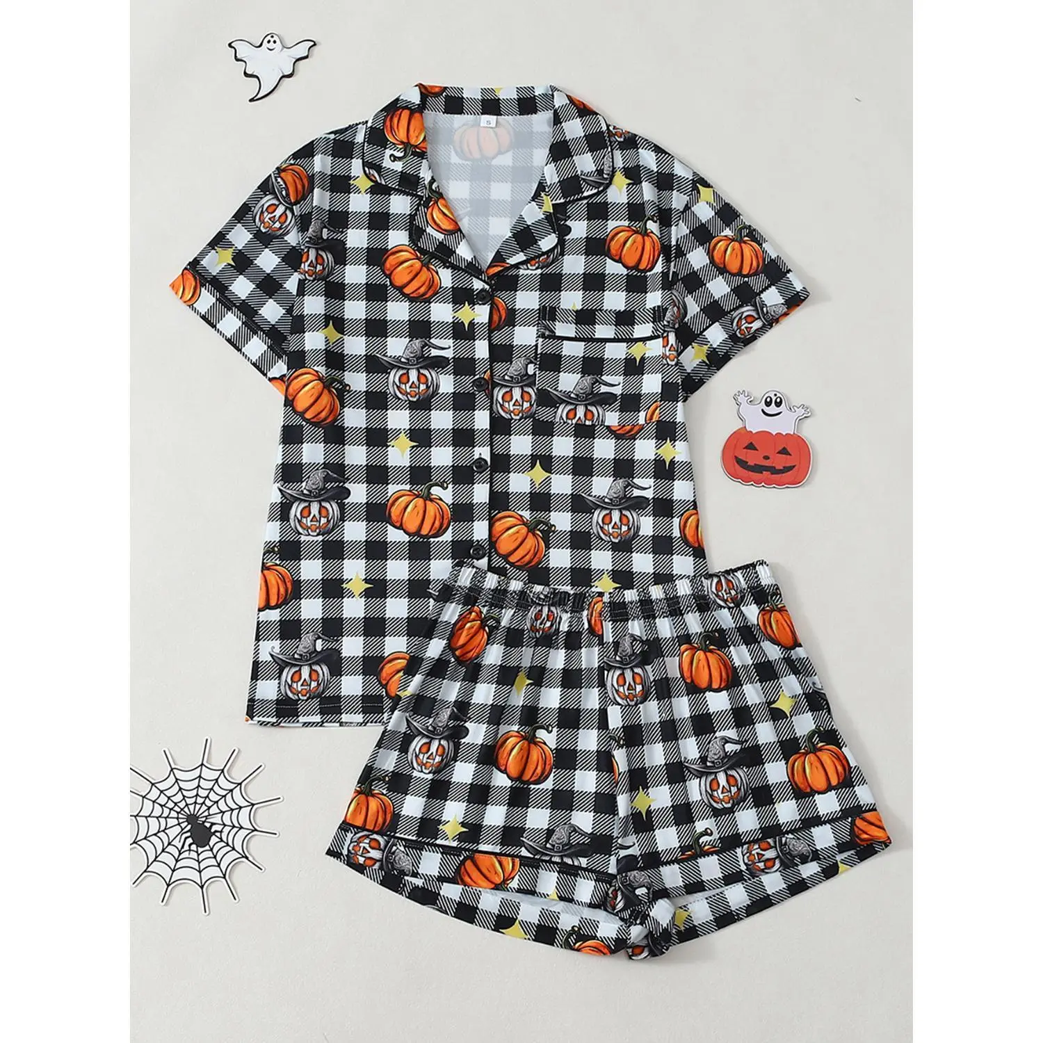 Halloween Must-Have Black and White Checkered Pajama Set with Pumpkin and Witch Hat Prints, Short-Sleeve Top and Shorts, Soft Skin-Friendly Loungewear