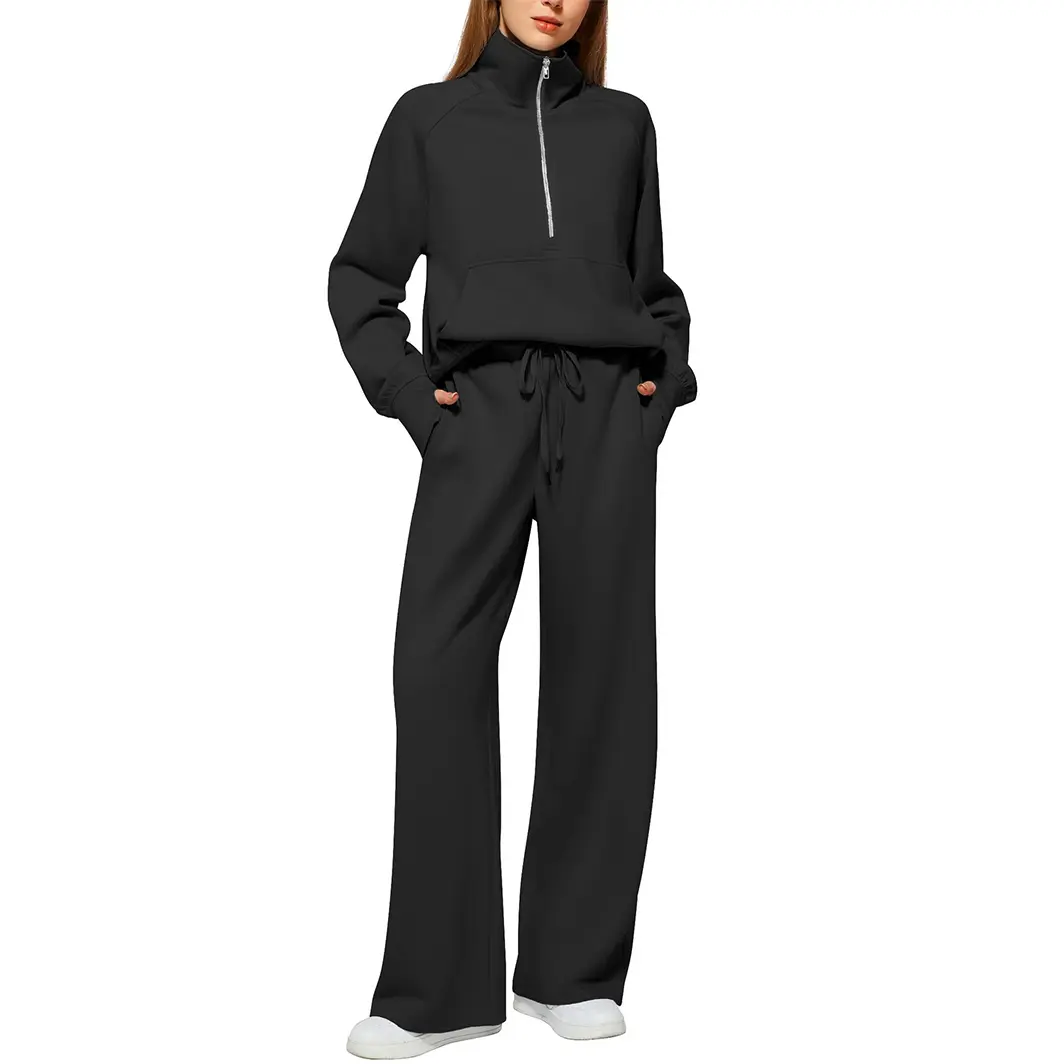 YESFASHION Women's 2‑Piece Casual Tracksuit, Half Zip Oversized Sweatshirt & Drawstring Wide Leg Pants Loungewear Set (100% Polyester) XYZ