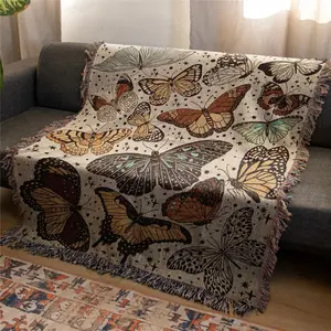 Small Butterfly Pattern Bohemian Yarn Jacquard Woven Blanket with Tassel, Thick Soft Washable Blanket, Boho Style Blanket, Blankets for Sofa, Used for Home Decor Sofa Chair Bed Tapestry Tablecloth Floor Garden Picnic Outdoor Camping