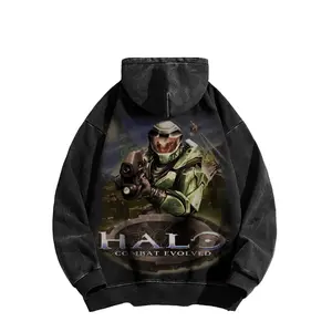 *Halo Reach* unisex washed cotton hoodie, RPG graphic sweatshirt-Long Sleeve Cotton Unisex Vintage Hoodie