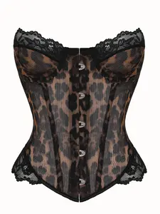 Y2K Leopard Print Lace Trim Corset Top Front Buckle Boned Waist Trainer Sheer Mesh Slimming Bustier For Women Club Party Date Night Outfit Underwear