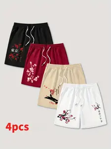 4 Pcs Plus Size Men's Japanese Cherry Blossom Print Shorts, Tokyo Calligraphy Watercolor Style Casual Shorts, Loose-Fitting Short Pants
