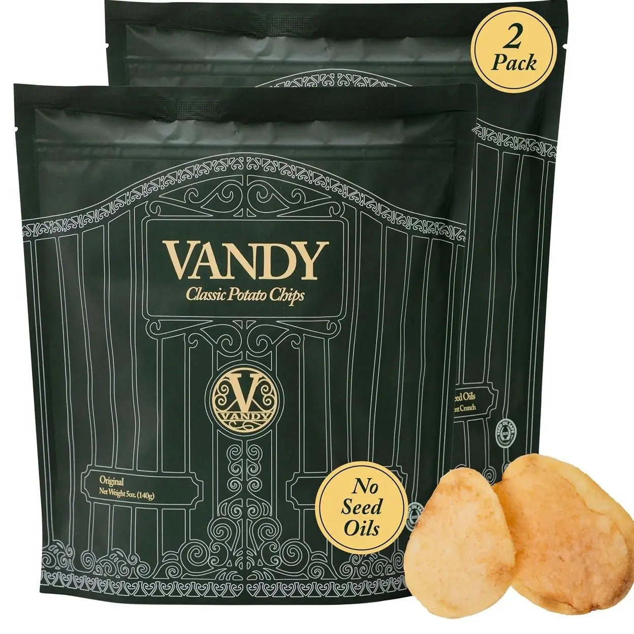 Vandy Crisps Potato Chips - Vegetable & Seed Oil Free Snacks - Gluten Free Potato Chip - Healthy Chips Made with Potatoes, Grass-Fed Beef Tallow, and Sea Salt - 2 Pack, 5 Ounce Each (Original)