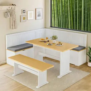 L Shaped Breakfast Nook Table Set with Cushion, Flip-Top Hidden Storage Corner Dining Bench Set, Wooden Banquette Table Set for Kitchen Entryway Small Space White
