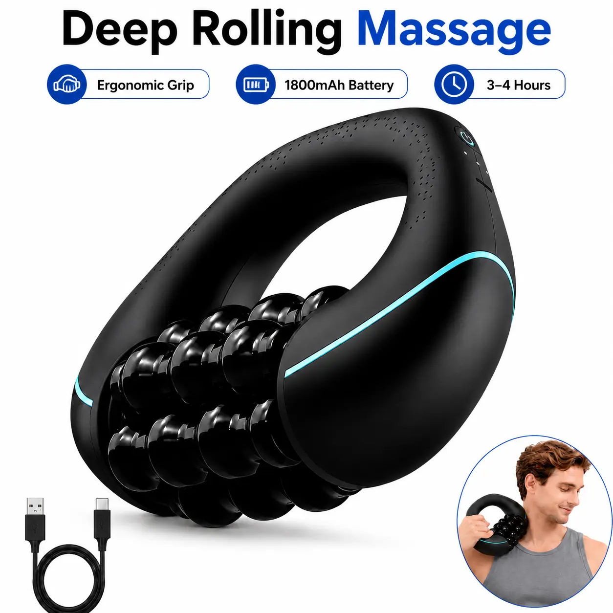 Rechargeable Electric Handheld Rolling Massager, Percussive Massager Targeting Knots with Pain Relieve Deep Tissue, 24 Massage Nodes,3-Speed Spin Vibrating Roller Massage for Back, Shoulders, Legs, Neck,Arms