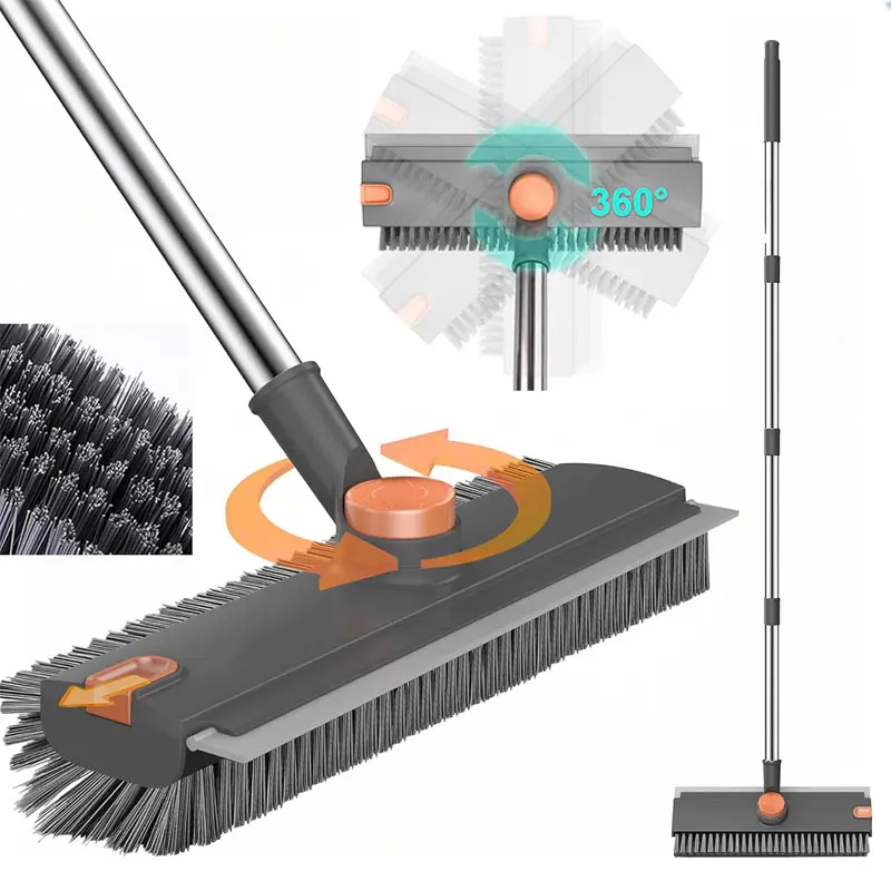 Sturdy Stainless Rotating 3-in-1 Mop Floor Cleaning Tool, Long-Handled Adjustable Floor Brush with Stiff Bristles & 360° Squeegee for Bathrooms, Tiles