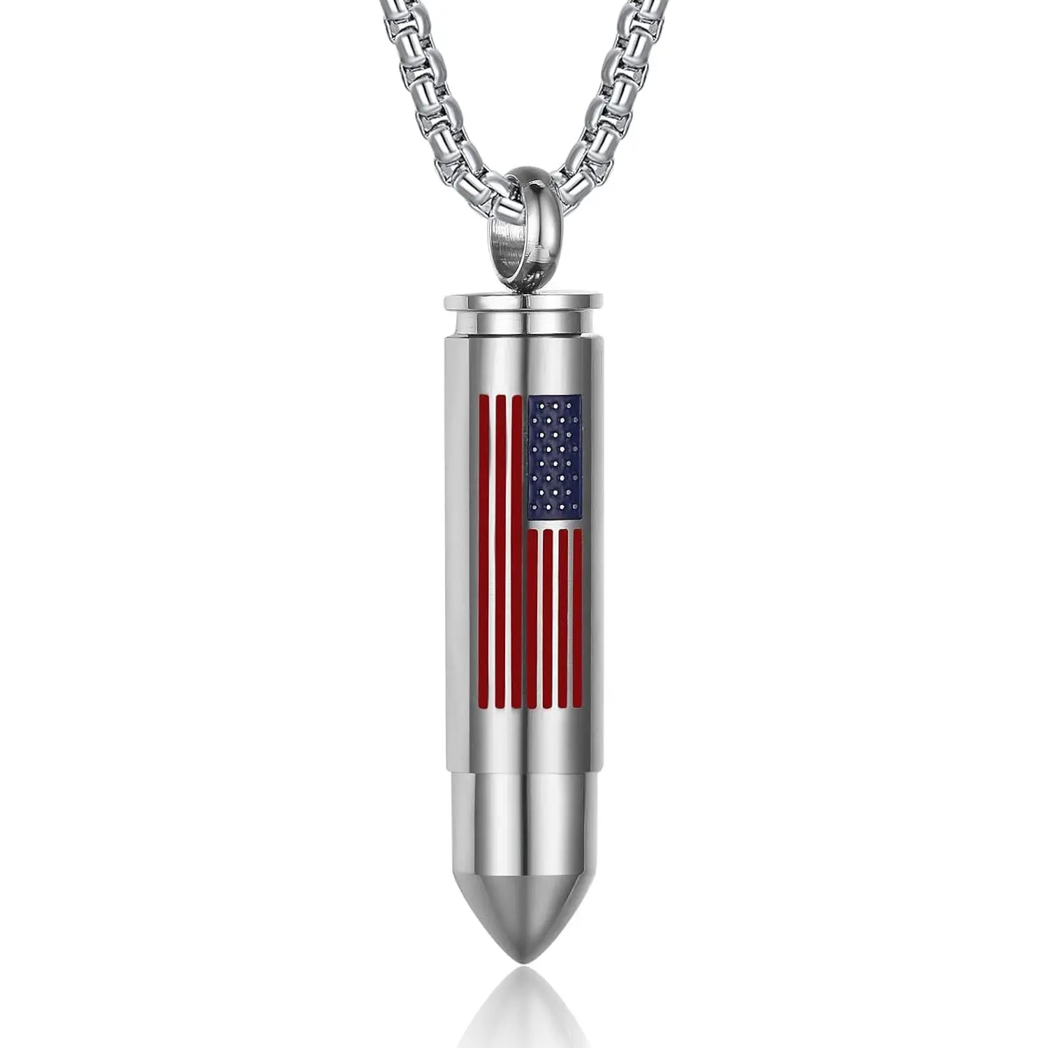 Men's Bullet Urn Pendant Necklace with American Flag, Stainless Steel Remembrance Jewelry for Ashes, 24-inch Box Chain, Remembrance Necklace