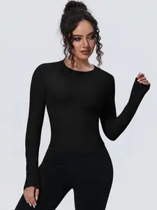 Women's High Elastic Breathable Long Sleeves, Yoga Running Training Pilates Athletic Top, Pure Color Round Neck Fitness Shirt, Athletic Yoga Tops