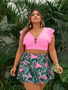 Women's 3-Piece Tropical Palm Leaf Print Polyester Blend Swimsuit Set - Ruffle Top, High-Waist Skirt Cover-Up, Plus Size for Summer, Leaf Print Swimsuit, Women's Swimsuits
