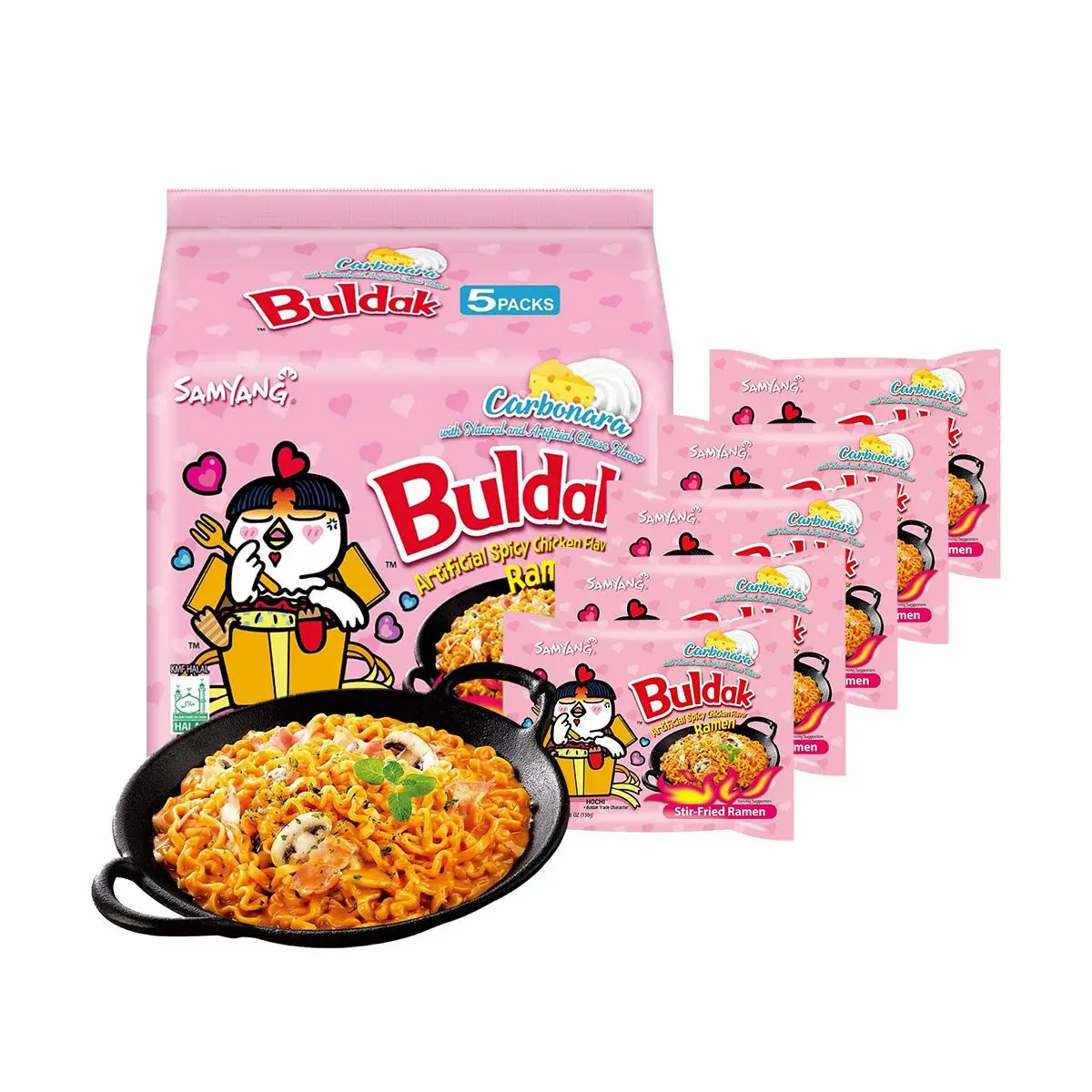 SAMYANG Buldak Ramen Korean Carbonara Stir-Fried Carbonara Hot Chicken Flavor - 5 Packs* 4.58 oz Spicy Cheese Chicken Ramen Noodles Food Instant Packaged Pansit