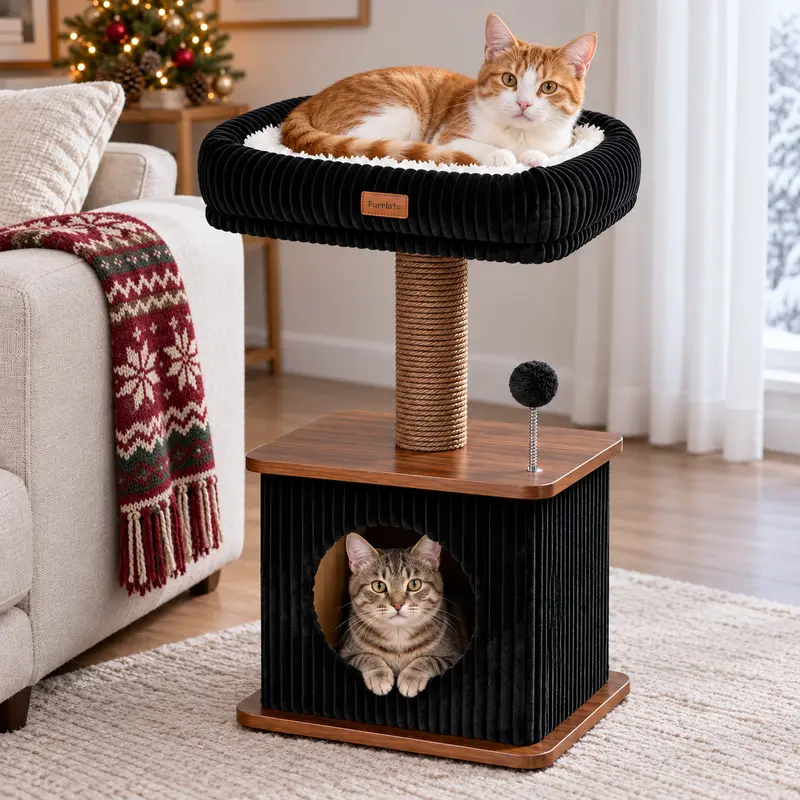 Compact Cat Tree for Small Indoor Cats with a Soft Top Bed and Cozy Hideaway Below, Scratching Post and Spring Ball Toy in a Modern Black and Wood Finish