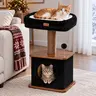 Compact Cat Tree for Small Indoor Cats with a Soft Top Bed and Cozy Hideaway Below, Scratching Post and Spring Ball Toy in a Modern Black and Wood Finish