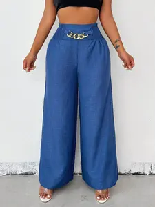A pair of women's basic solid-color zipper-enclosed high-waisted stretchable loose-fitting slimming wide-leg trousers that are versatile and suitable for all occasions Pants