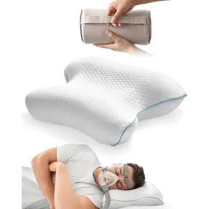CPAP Bed Pillow for Side & Back Sleepers, Packable Neck Cervical Support Memory Foam Pillow with Cooling Cover for All CPAP Users, Ideal for Hotels and Camping, Size 18.1"x11.8"x3.5"/4.3"
