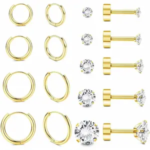 CASSIECA 9-Pair Earring Stack Set, Plated Small Huggie Hoops & Tiny Ball CZ Flat Back Studs for Women, Ideal for Lobe, Helix & Cartilage Piercings, Daily Wear
