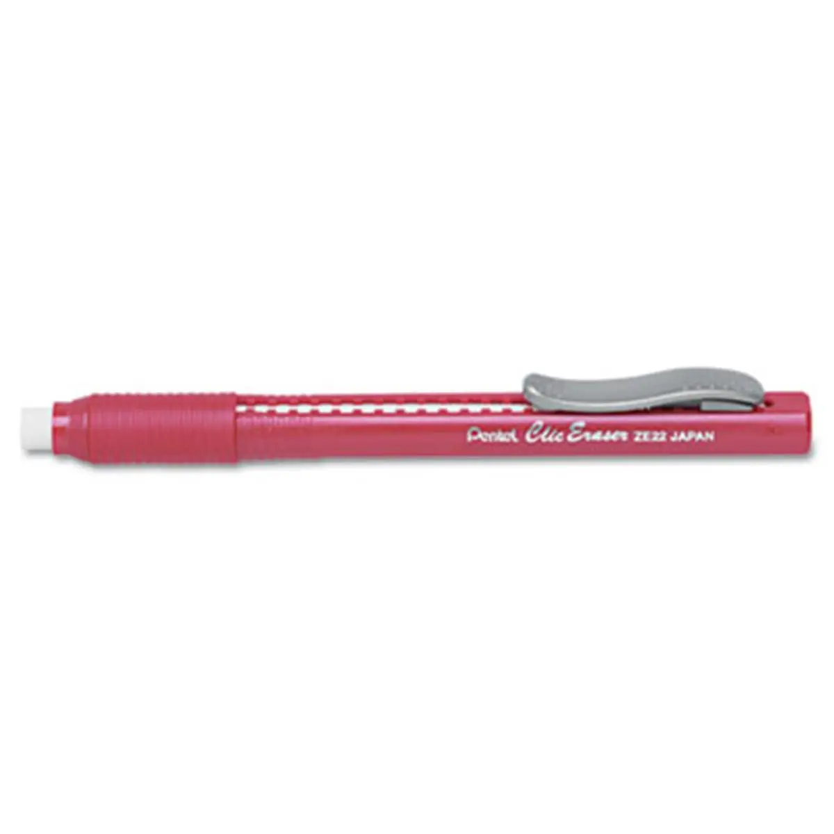 Pentel Pen-Shaped Clic Eraser - Click Retract Design, Pocket Clip, Latex-Free, Pen-Style Grip, Red, Erase Clean Functionality