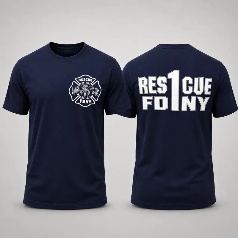 Men’s FDNY Rescue 1 Firefighter Short-Sleeve Graphic T-Shirt, New York Fire Department Front and Back Print Tribute Tee Classic Cotton