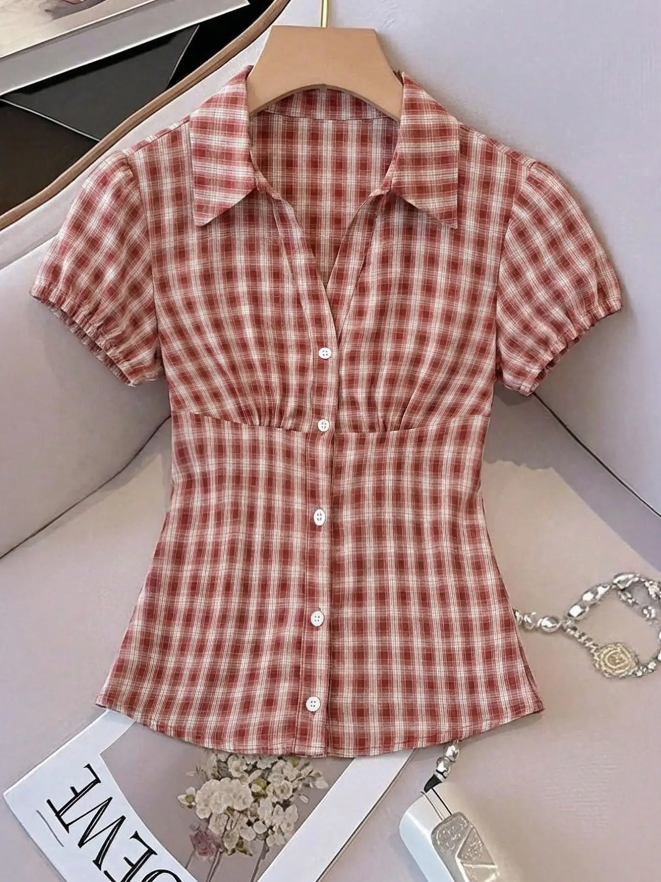 Women's Summer Short Sleeve Plaid Shirt Blouse, Ruched Chest Pleat Design, Waist Cinched Fit, Casual Comfy Office & Daily Wear All Season Top