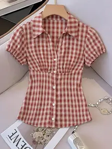 Women's Summer Short Sleeve Plaid Shirt Blouse, Ruched Chest Design, Waist Cinched Fit, Casual Office Wear, Daily Fashion Top Fitted