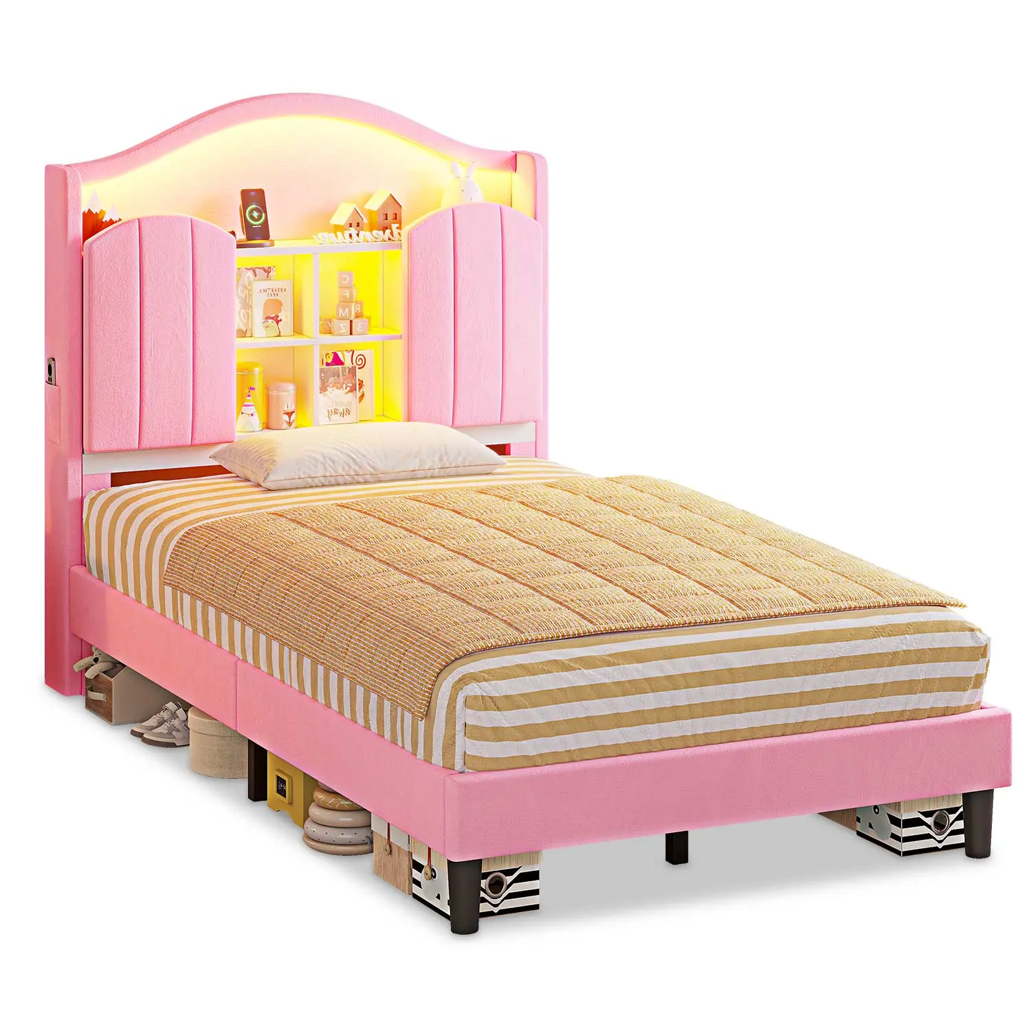 Sikaic Twin Size LED Bed Frame with Ornate Curved Storage Headboard, 80.7"l x 39"w x 48"h, 800lb Support Structure, Charging Station, Pink Royal Velvet Princess-Inspired Luxury, Engineered Wood, Assembly Required, Light Up Your Space, Ornate Curved Headbo