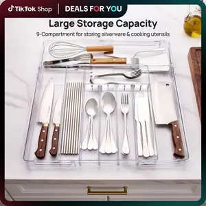 【New Arrival】Vtopmart 1-2Pack Expandable Kitchen Utensil Drawer Organizer, Clear Plastic Food-Safe Cutlery Flatware Organizer, Adjustable Silverware Holder for Spoons Forks Knives, (6-9 Slots), DealsForYouDays (Mid Year Sale Restock), DFYD