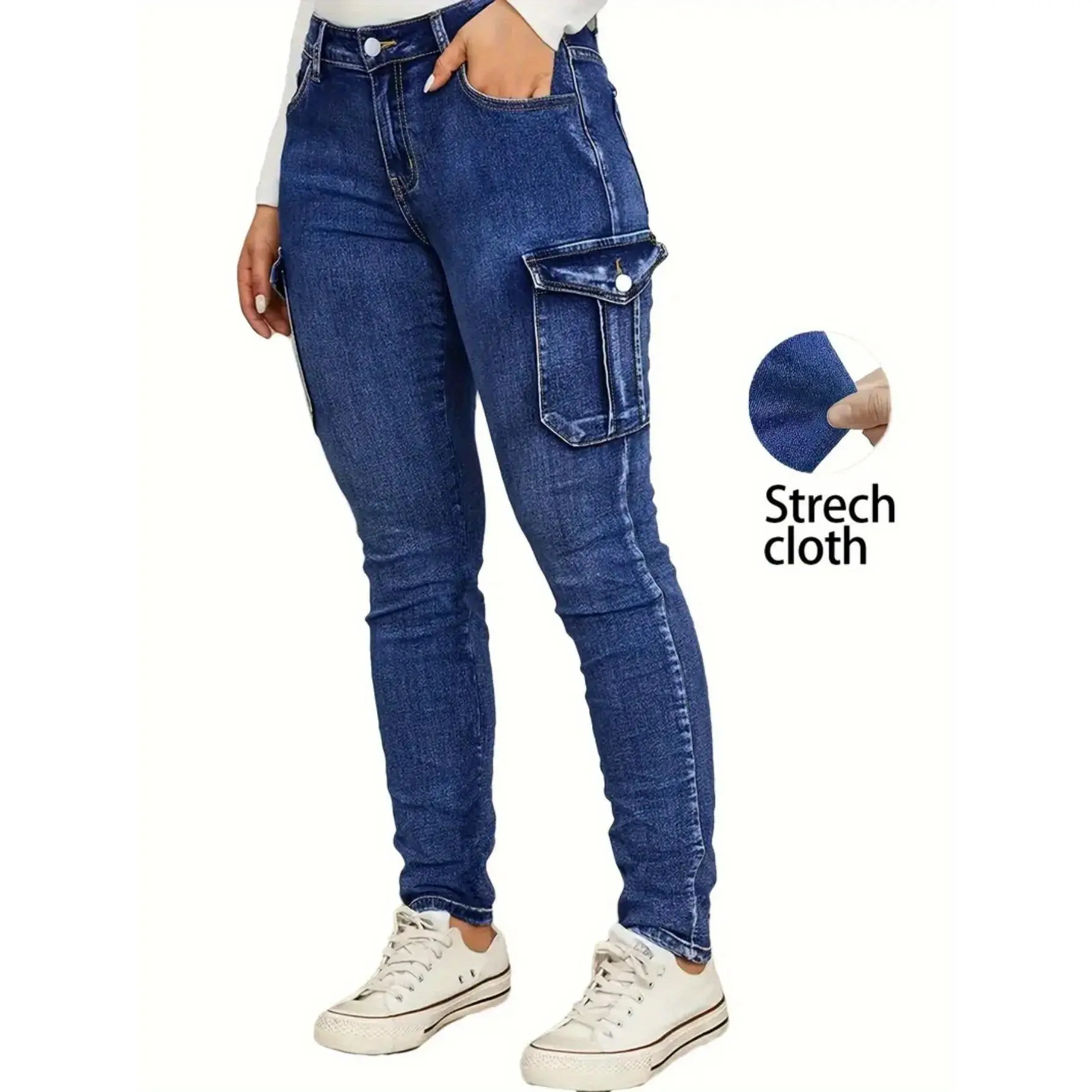 Women's Plus Size Skinny Jeans, High-Waist Cropped Cut for Curvy Bodies, Modest High Stretch Denim Pants with Zip Fly, Zipper, Elastane, Plus Size Basics, Cotton Blend, Mid Waist, All Seasons, Oversized, Fabrics, Street Chic, Bottoms, Fit, Curvy Women Plu