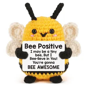 1pc Mini Cute Crocheted Positive Bee, Creative Plush Soft Stuffed Animal, Cute Animal Design, Holiday Gift Desktop Decoration Ornaments, Inspiring Friends' Positive with Positive Energy Card, Christmas Stocking Filling Gift, Cute Cartoon Figurine