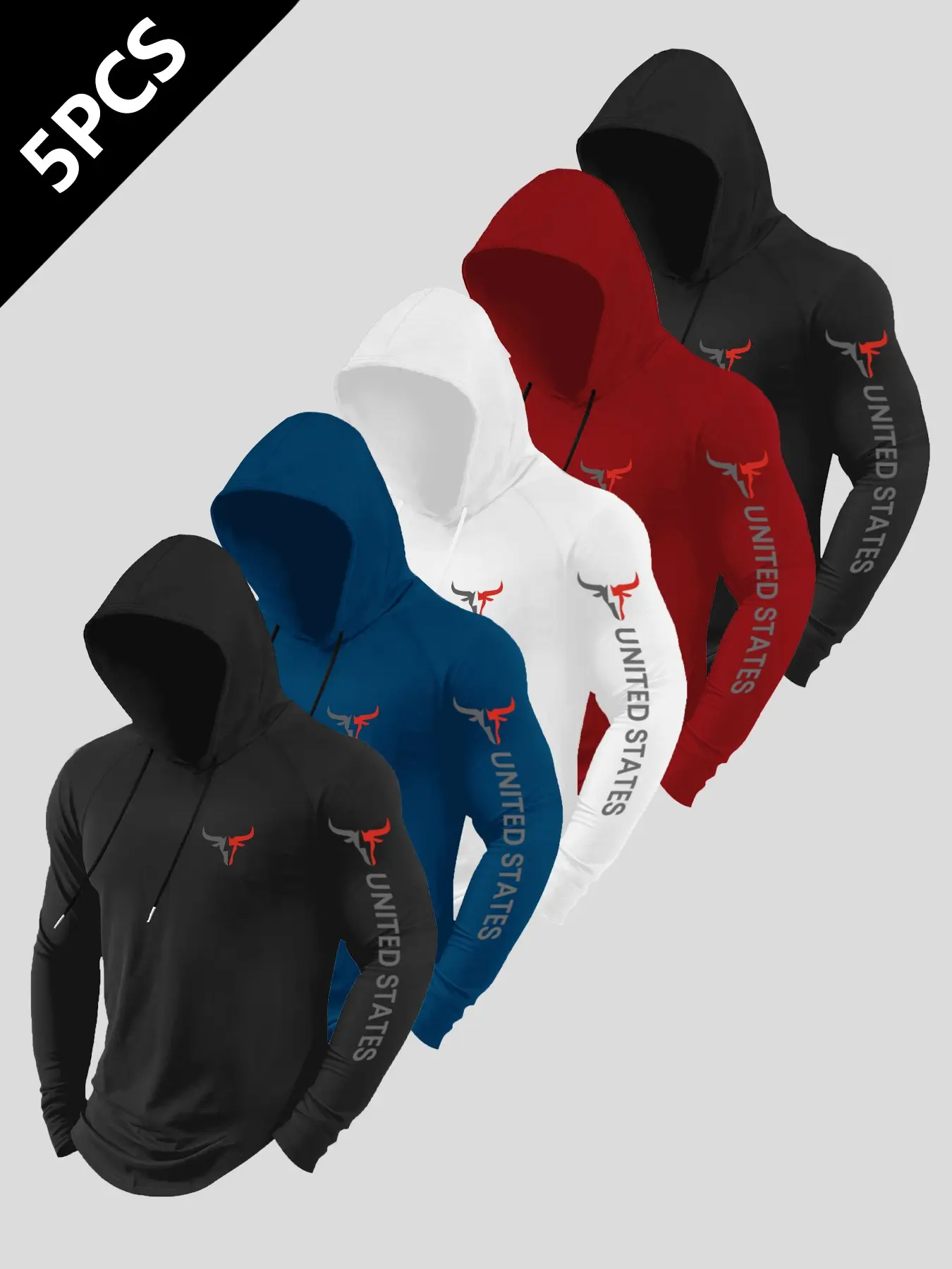 Men's Summer Bull Logo Letter Print Hooded Sport Sweatshirt 5-Pack, Athletic Sports Clothing, Active Athletic Hoodies, Windproof and Stylish, Ideal for Gym, Running, Daily Wear