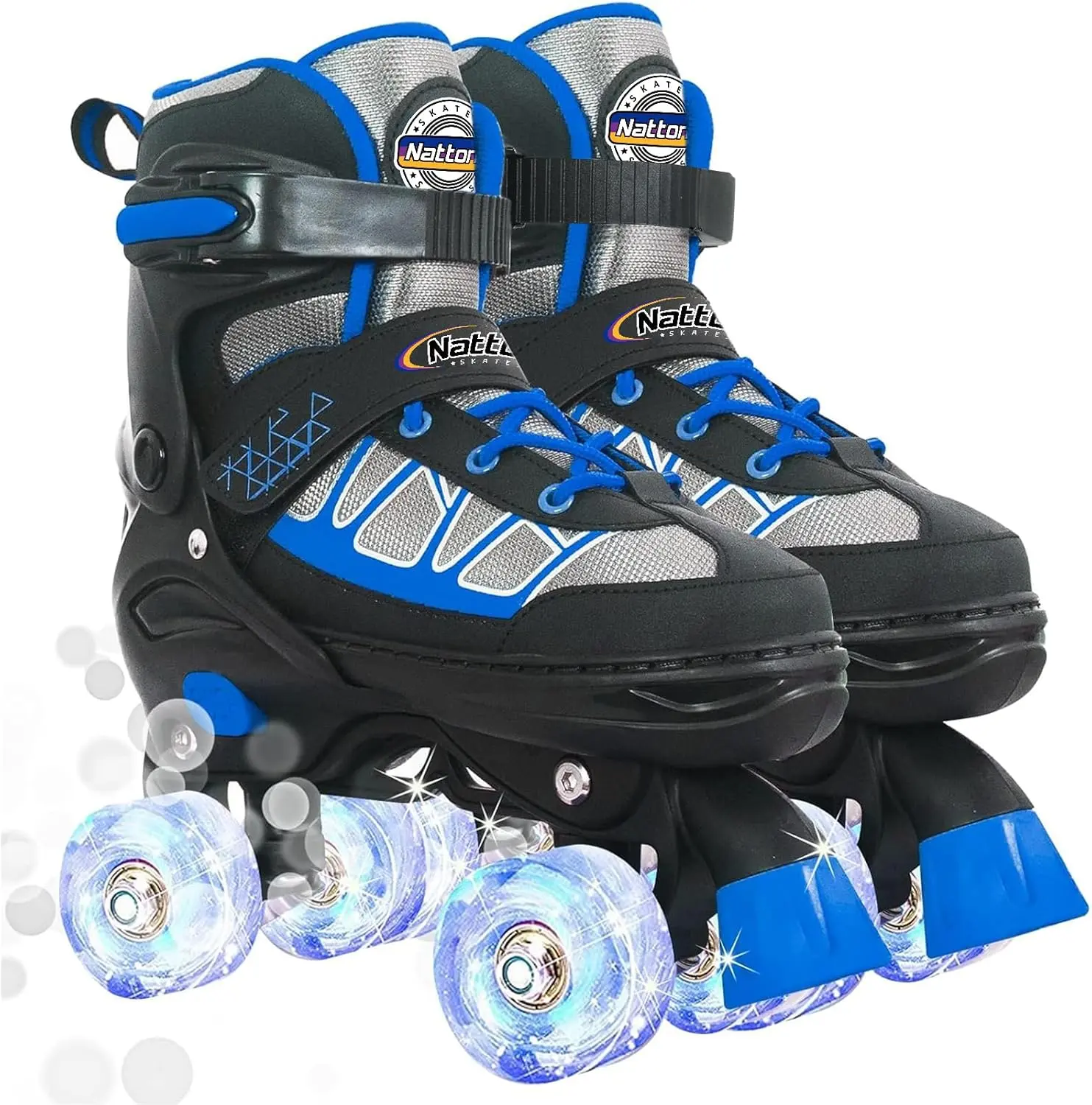 Nattork Kids' Adjustable Roller Skates - 4 Sizes, Glowing Wheels, Laces-Up Closure System, Power Strap, ABEC-7 Bearings for Beginner Boys & Girls, Indoor Outdoor Roller Skating