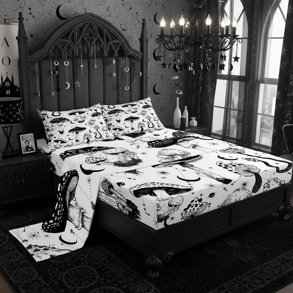 Wild Mushroom Bed Sheet Set,Abstract Sun Moon Starry Fitted Sheet Gothic Plants Bedding Set Room Decor,Black White Sketch Style Bed Cover,back to school,back to school shopping,home decor