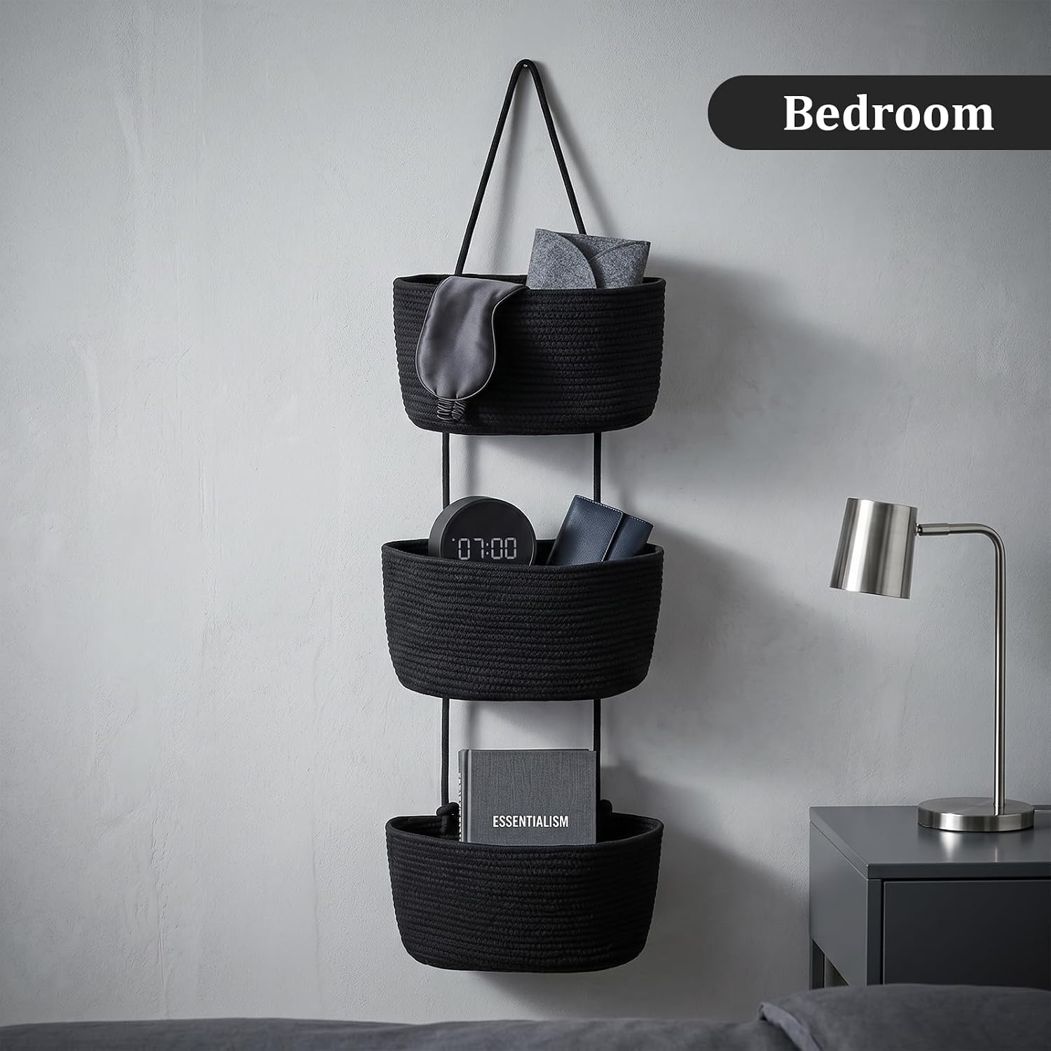 14in 3-Tier Woven Cotton Over-The-Door Hanging Basket Organizer with Handles, Multifunctional Storage for Bathroom Beauty Essentials, Closet Organization, Room Storage