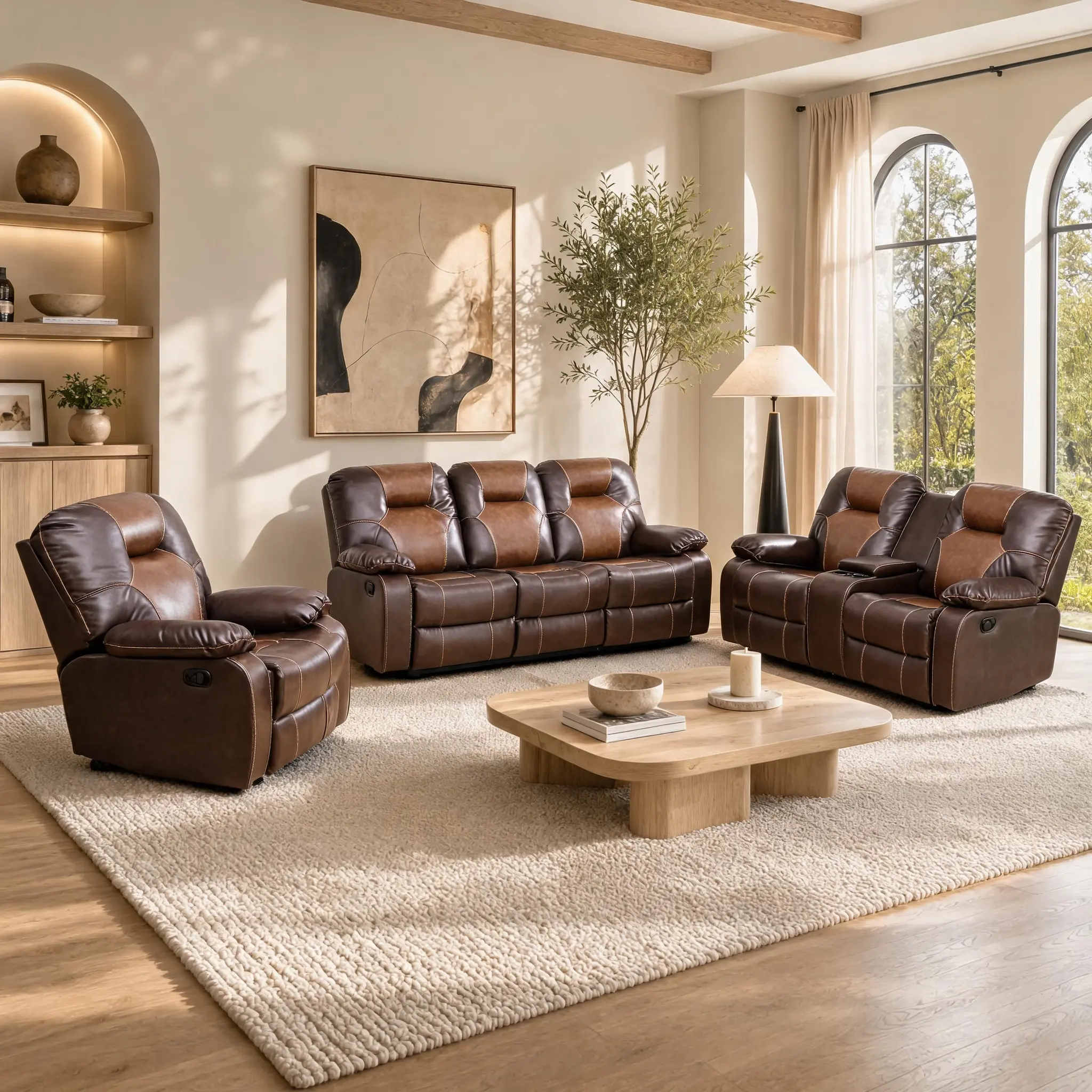 A AINEHOME Brown Bonded Genuine Leather Rocking chair 3-Piece Couch Set Manual Recliner Sofa for Comfortable Living Space Reclining Sectional Upholstered Modern Living Room Furniture
